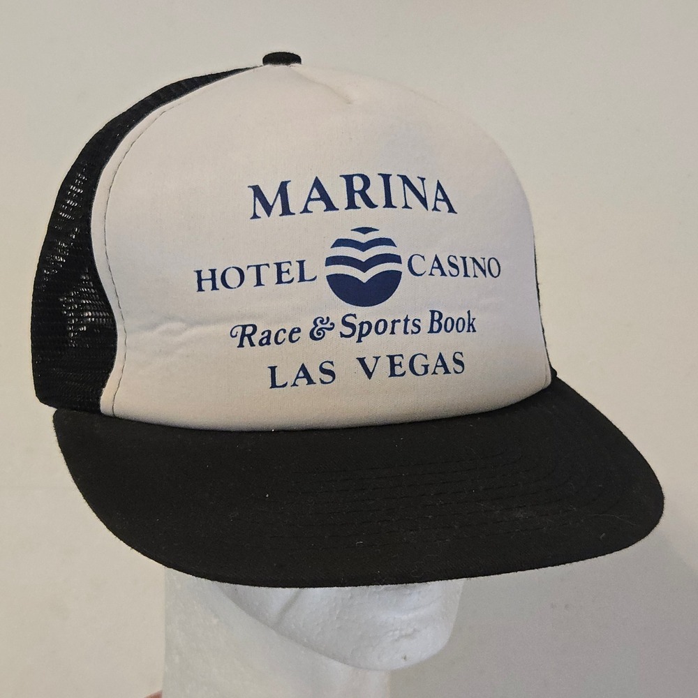 Vtg Mohr's Marina Hotel Casino Hat Las Vegas Black White Osfm Trucker Snapback